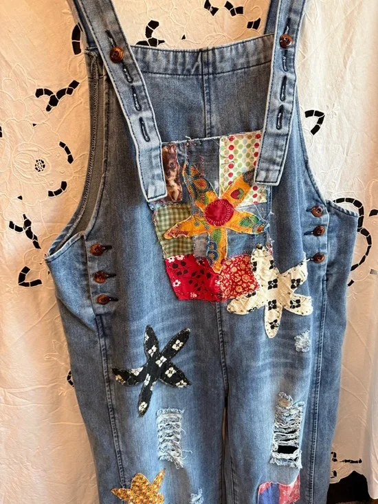 Sedona Artist OOAK Patchwork Denim Overalls girlhood floral Star Appliqués L - Picture 4 of 8